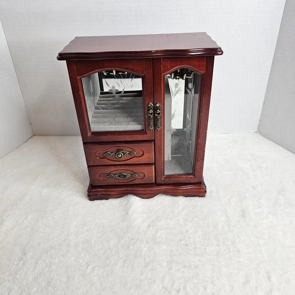 Jewelry Armoire Box Cherry Brown Etched Glass Wood Vintage 80s drawers necklace
